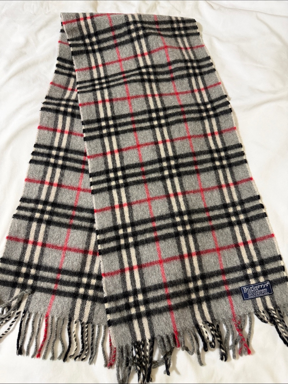 Burberry Grey Plaid Cashmere Scarf with Red Windowpane (vintage) final sale